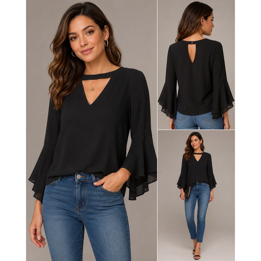 Venus Black Choker Neck Bell Sleeve Blouse Womens Medium Sheer Dressy Top